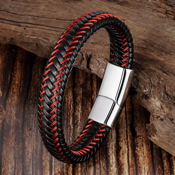 Red Leather Rope Bracelet Stainless Steel