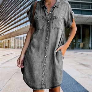 Women Denim Shirt Dresses Short Sleeve Distressed Jean Dress Button Down Casual Tunic Top
