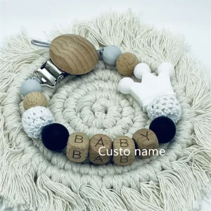 New Personalized Silicone Bead and Wooden Ring Pacifier Clips