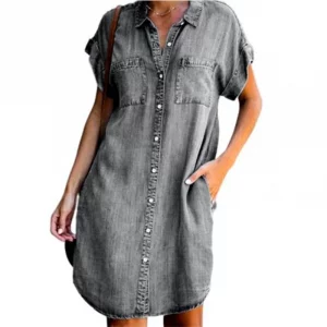 Women Denim Shirt Dresses Short Sleeve Distressed Jean Dress Button Down Casual Tunic Top