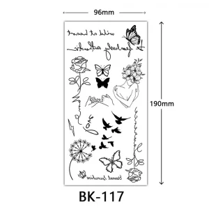 Black Flower Butterfly Temporary Tattoos Sheet