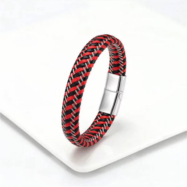 Red Leather Rope Bracelet Stainless Steel
