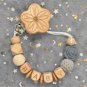 New Personalized Silicone Bead and Wooden Ring Pacifier Clips