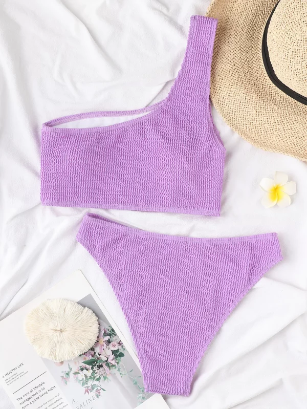 Brazilian Bikini One-Shoulder Textured Swimwear